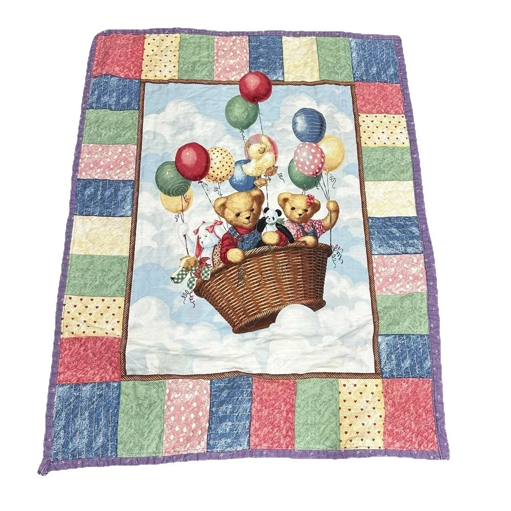 Vtg Blue Jean Teddy Bear‎ Baby Quilt Nursery Blanket Hot Air Balloon